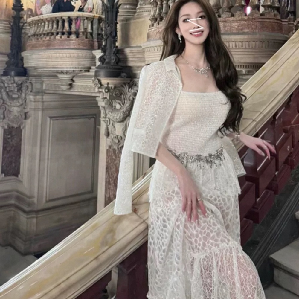 Elegant White Lace Dress with Cape Set